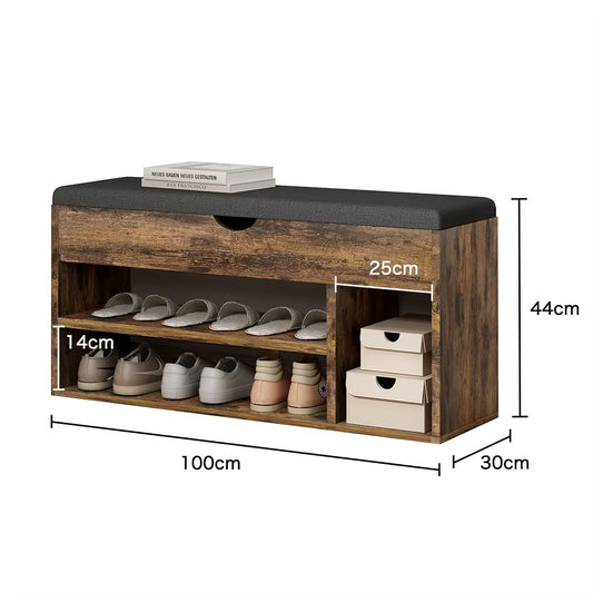 AnneFish 2-Tier Entryway Shoe Rack Organizer Bench With Drawer and Cushion Padded Seat For Bedroom Hallway